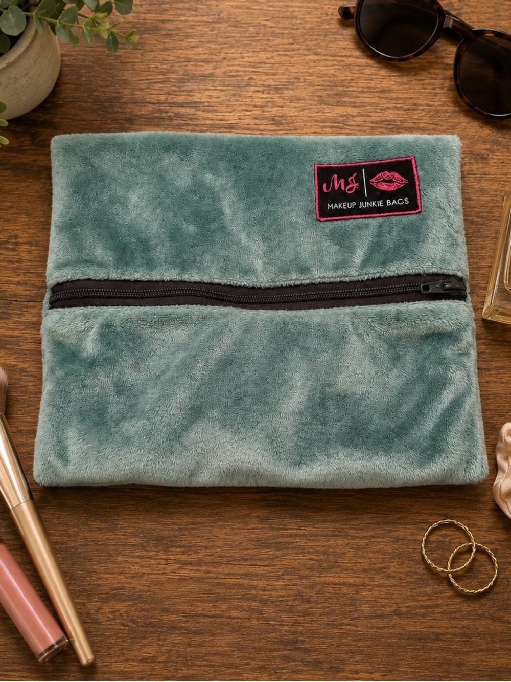 Makeup Junkie Bags Small Blue Plush Cosmetic Makeup Travel Pouch Bird Lining